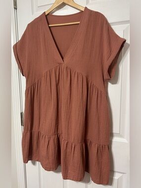 SHEIN Brown Gauzy Baby Doll Dress Cotton Tiered V-Neck NWOT Women’s Size L